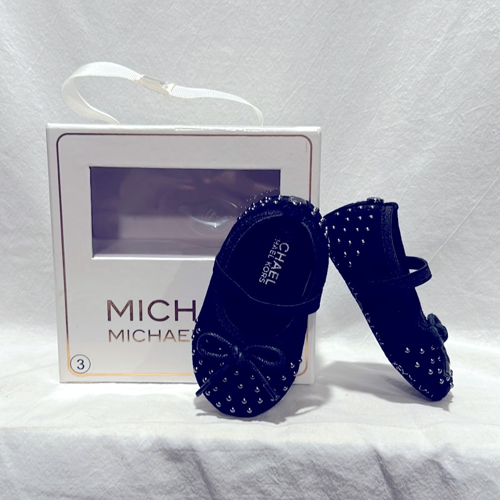 Michael Kors, size 3 (6-9 mos), black studded ballet flats with elastic strap
